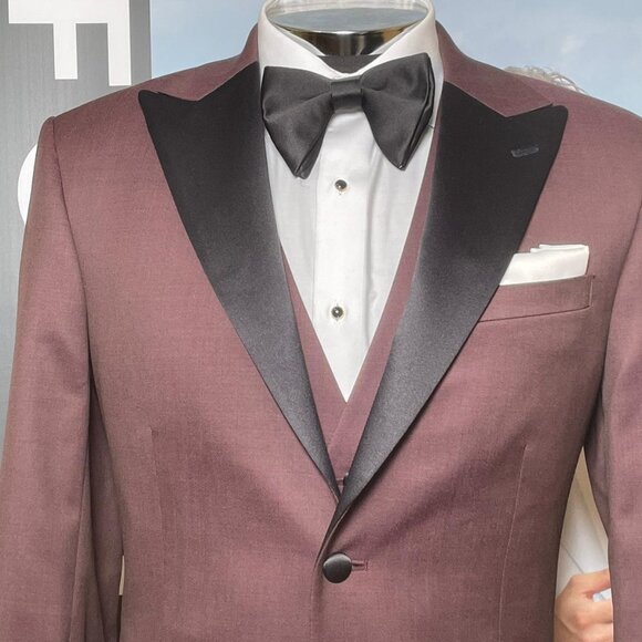 IKE BEHAR SLIM FIT TUXEDO; COAT PANT; VEST - BURGUNDY - Picture 9 of 14